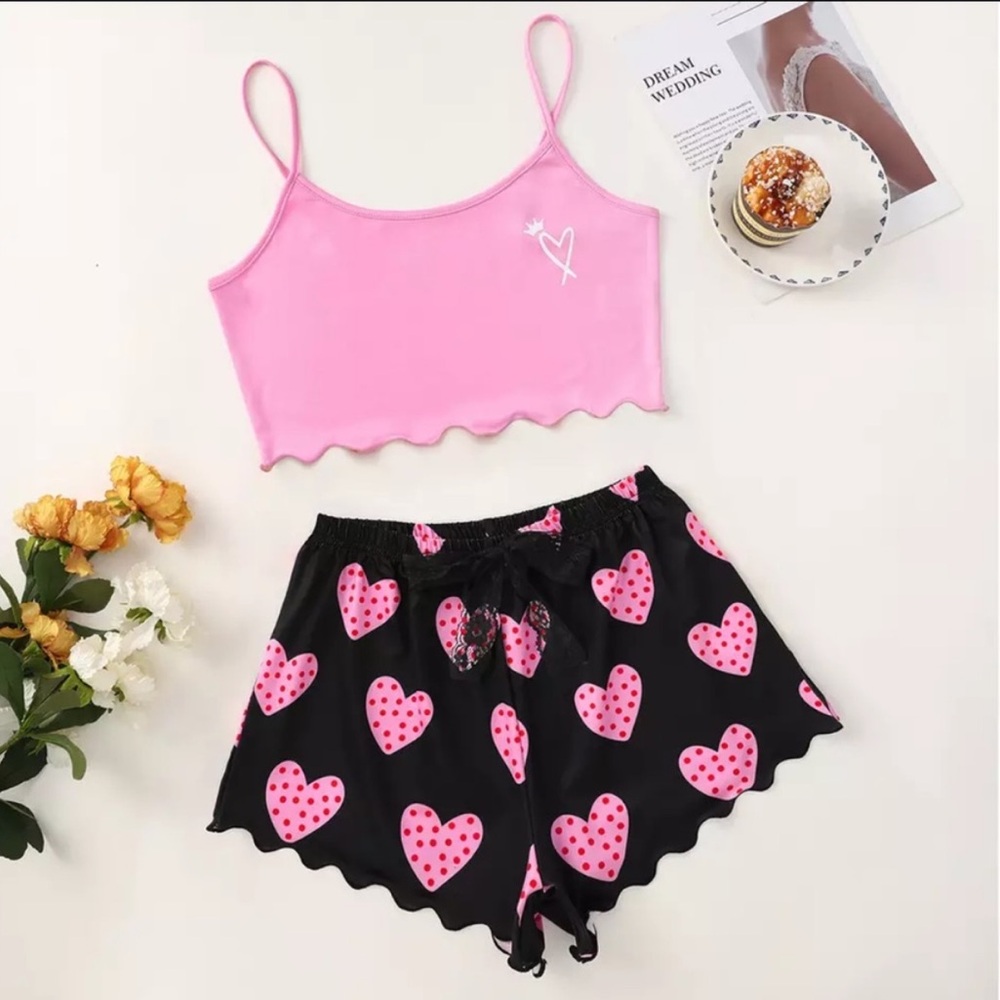 Women's Pajama Set Pink & Black Heart Cami Top & Shorts Sleepwear Loungewear Set